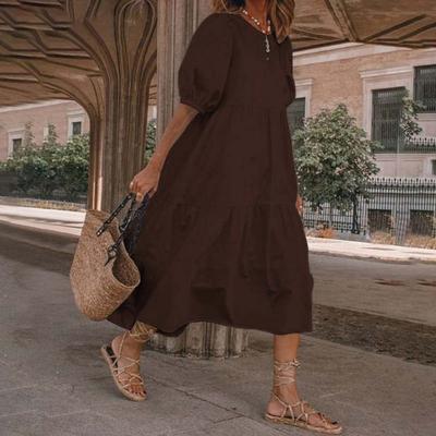 Women's Summer Midi Dress Short Lantern Sleeves Crew Neck Linen Dress Loose Casual Boho Beach Sundress
