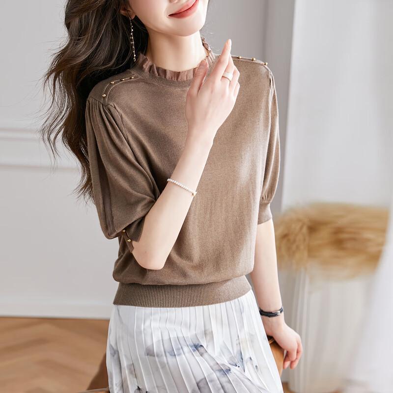 Women's Lightweight Merino Wool Beaded Half-Sleeve Knit Top