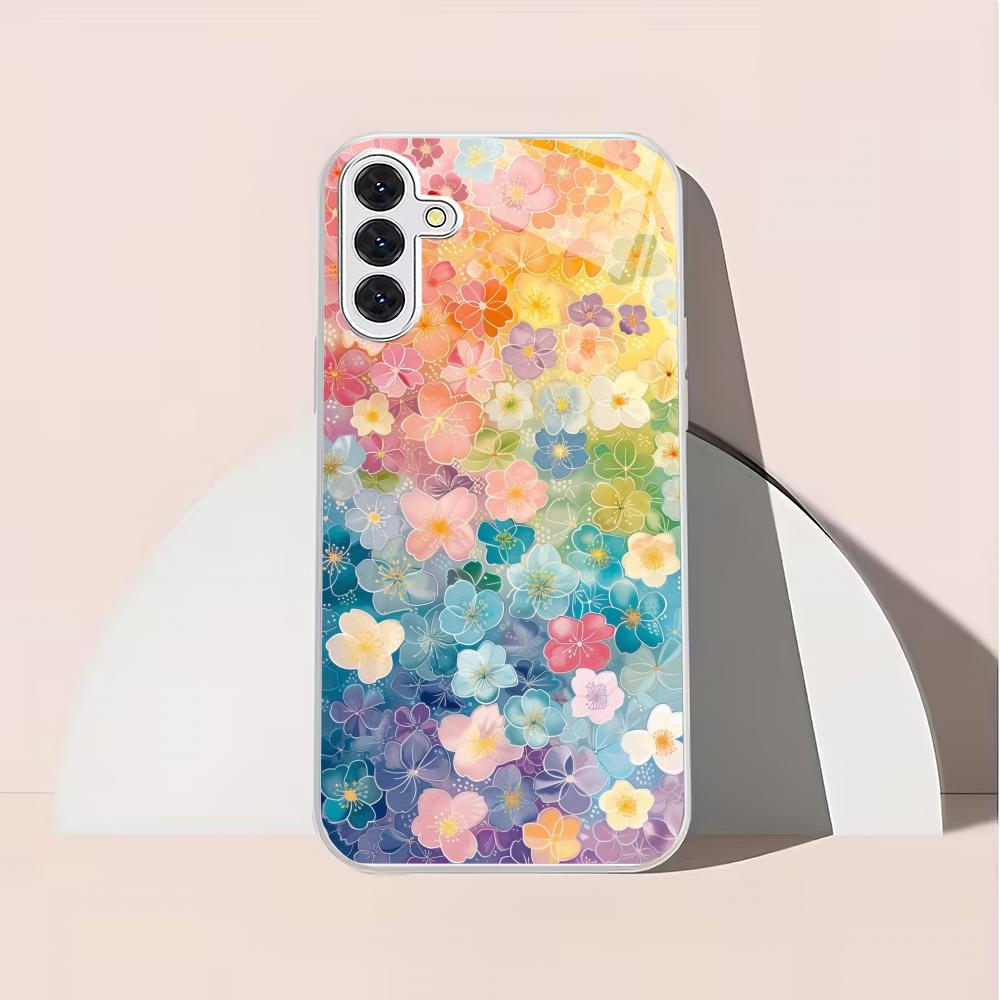 Colorful flower pattern silver plated glass phone case suitable for Samsung GalaxyS26 S25 S24 S22 S21 S20FE/Ultra/Plus anti drop