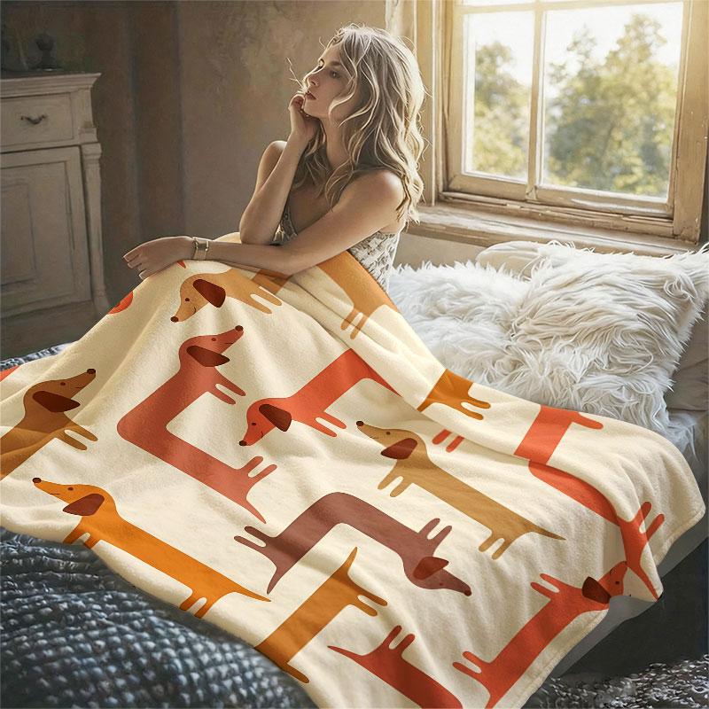 Geometric Dachshund Cream Flannel Blanket Perfect for Sofa Office Bed Travel Sleep Read Relax Camping Four Season Use