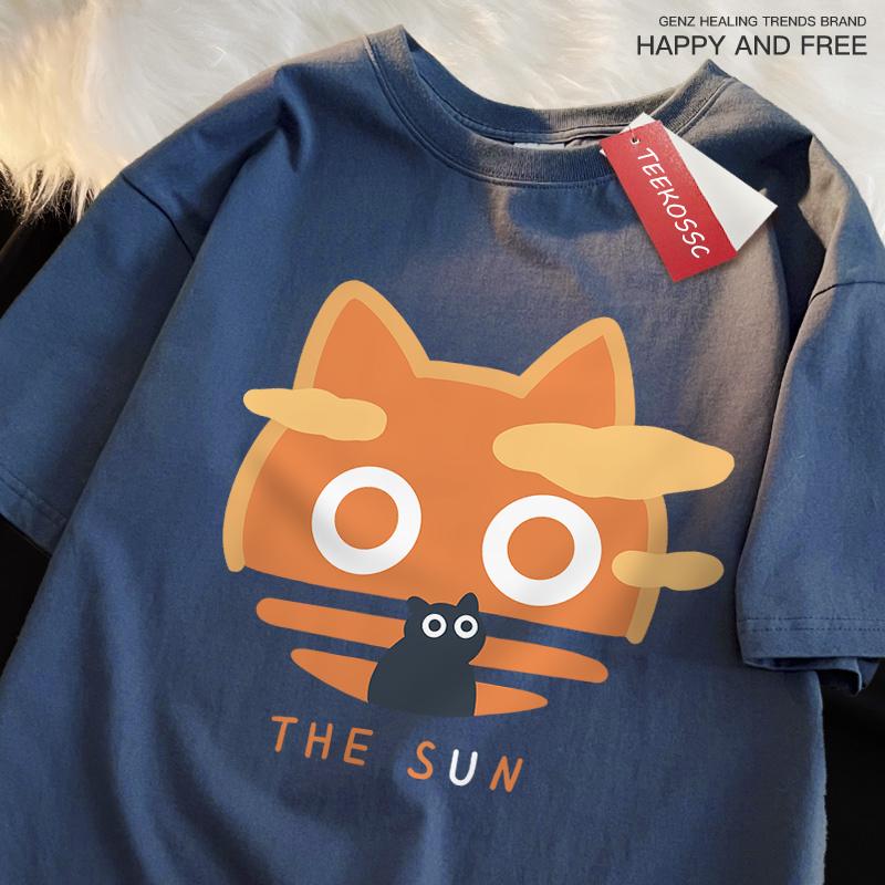 The Sun Orange Cat Fun Japanese Style Male Cotton O-Neck T-Shirt Summer Loose Oversize Clothes High Quality Brand Short Sleeve