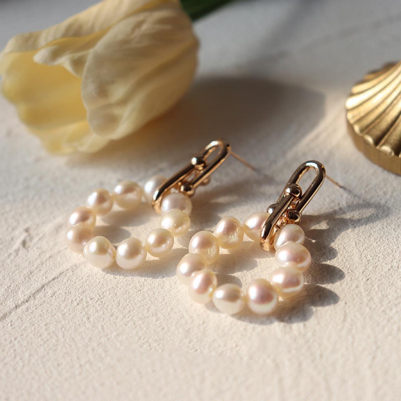 INGS natural freshwater pearl small baroque earrings 925 silver needle 14k gold injection chain stud earrings temperament French 925 silver needle