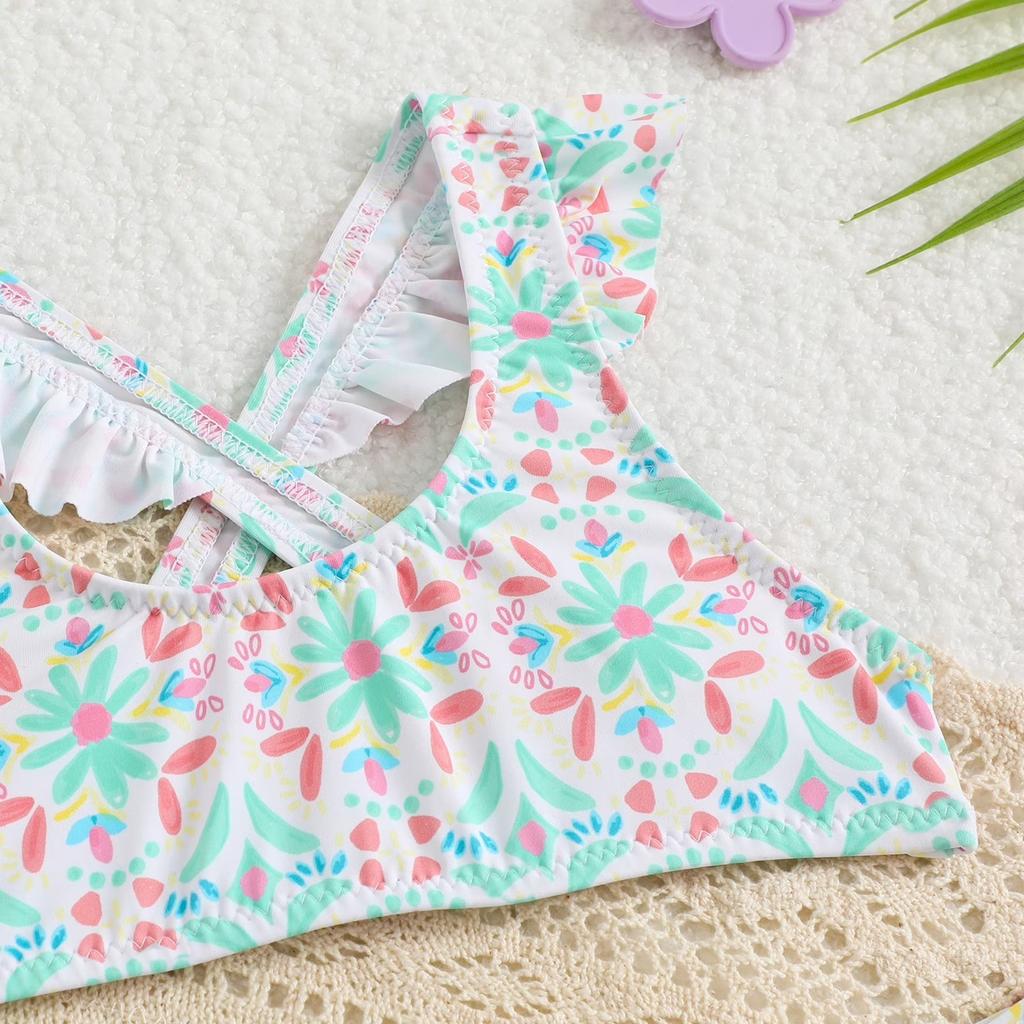 Zweiteiliges Badeanzug-Set für Mädchen mit Rüschen-Trägern und Blumenmuster Bikini-Oberteil und -Unterteil Badebekleidung für Kinder Sommer Strand Pool