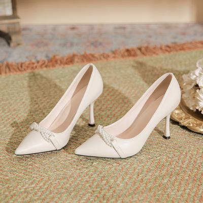 New Pointed Thin Heel High Heels, Fattened and Widened Pearl Single Shoes, Shallow Mouth Work Commuter Women's Shoes