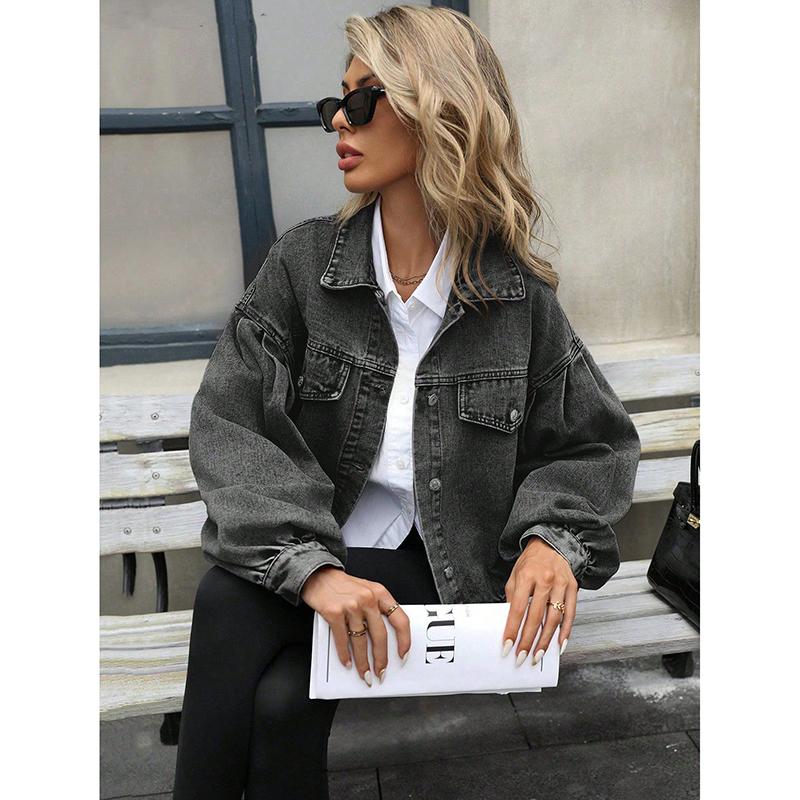 Autumn Vintage Lantern Sleeve Denim Jacket Women's Casual Streetwear Single Breasted Loose Short Jean Jackets