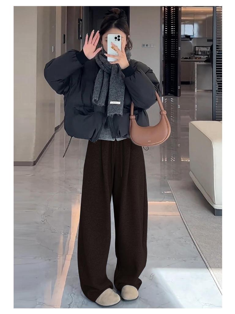 Women's Gray Cloud Scimitar Pants with Plus Velvet, Autumn/Winter 2025 - Woolen Wide-Leg, Drape, Relaxed Fit.