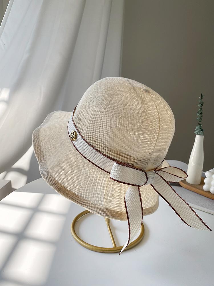 

Солнечная шляпа элегантный бант грибной край милая шляпа-ведро дышащая хлопково-льняная солнечная шляпа с большими полями модная Adult Average Size (56-58cm)