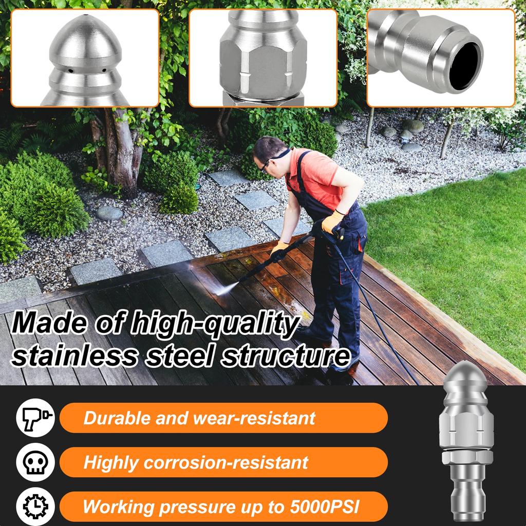 6Pcs Sewer Jet Nozzle Kit 5000PSI Max Stainless Steel Sewer Cleaning Jetter Nozzle Durable 1/4inch NPT Pipe Connecting Nozzle