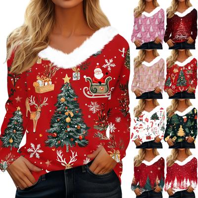 Women's T Shirt Tee Christmas Print Shirt Long Sleeve Party Christmas Fleece Collar V Neck  Top