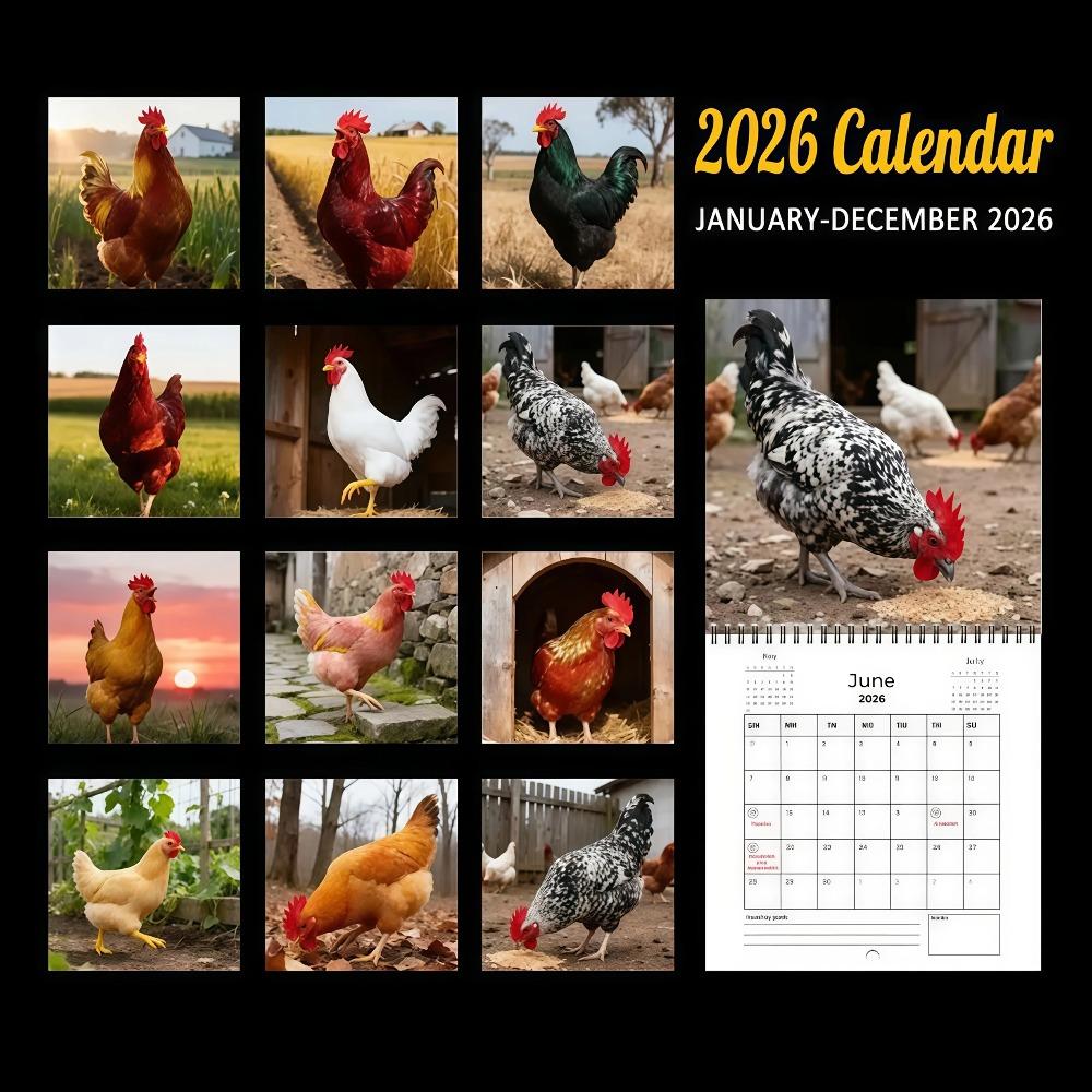 2026 Big Roosters Fun Rooster Calendar - Thickened Spiral Binding & Double-Sided Pages with Funny Rooster Facts & Phrases