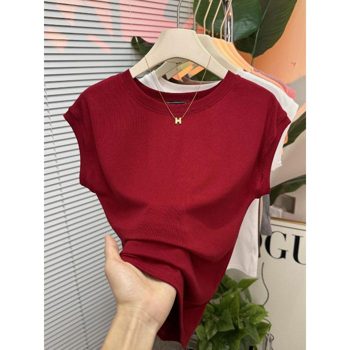 

Высококачественный жилет-рукав Xiaofei с коротким рукавом женский летний в иностранном стиле с круглым вырезом красный топ-футболка с плечом спереди, тренд S бордовый