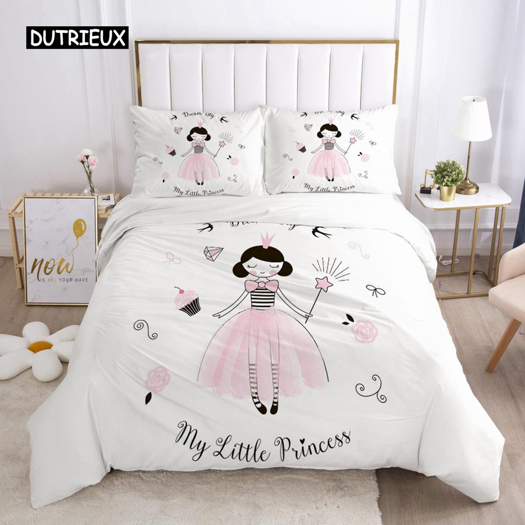 Duvet Cover Girls Princess Cartoon White Bedding Set Cute Duvet Cover Set for Baby Kid Children Pink Swan Bedroom Decorations