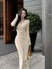 Elegant V-Neck Long-Sleeve Pleated Dress - Slim-Fit, Waist-Cinching Mid-Length Skirt for Women