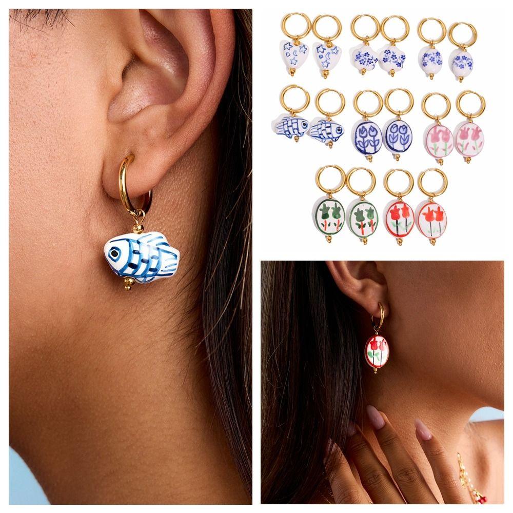 Chinese Style Ceramic Ear Buckle Stainless Steel Fish Blue and White Porcelain Earrings Dripping Oil Painting Gold Hoop Earrings