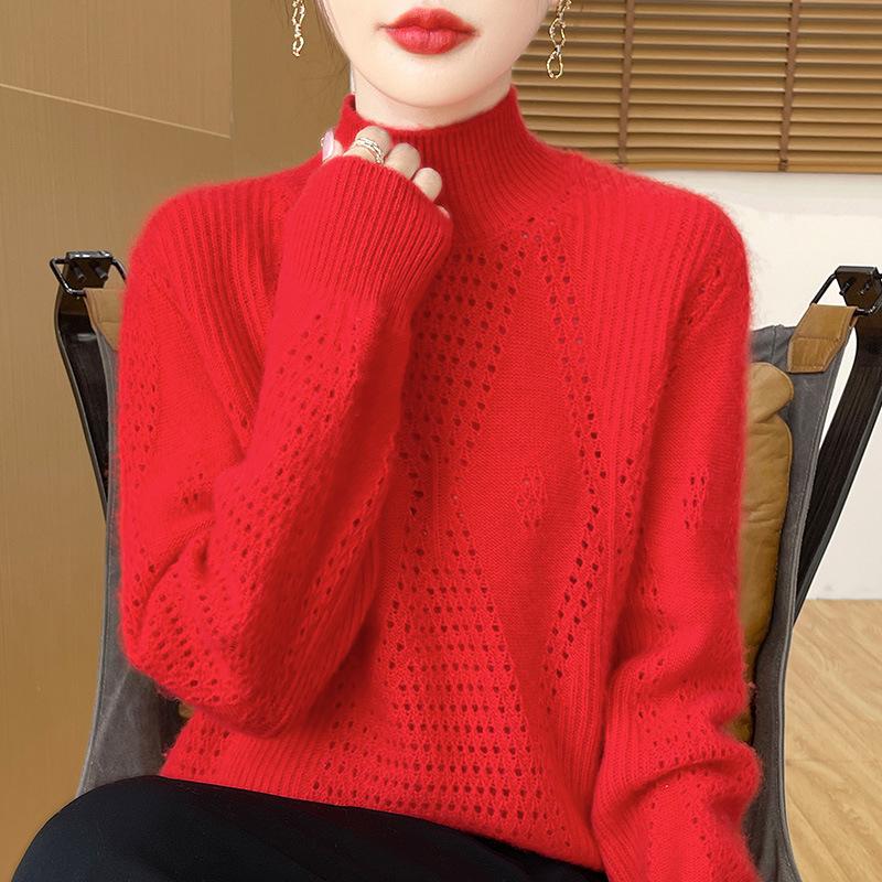 Thickened Wool Half-High Neck Diamond Cutout Pullover, Long Sleeve Women's Knit Sweater