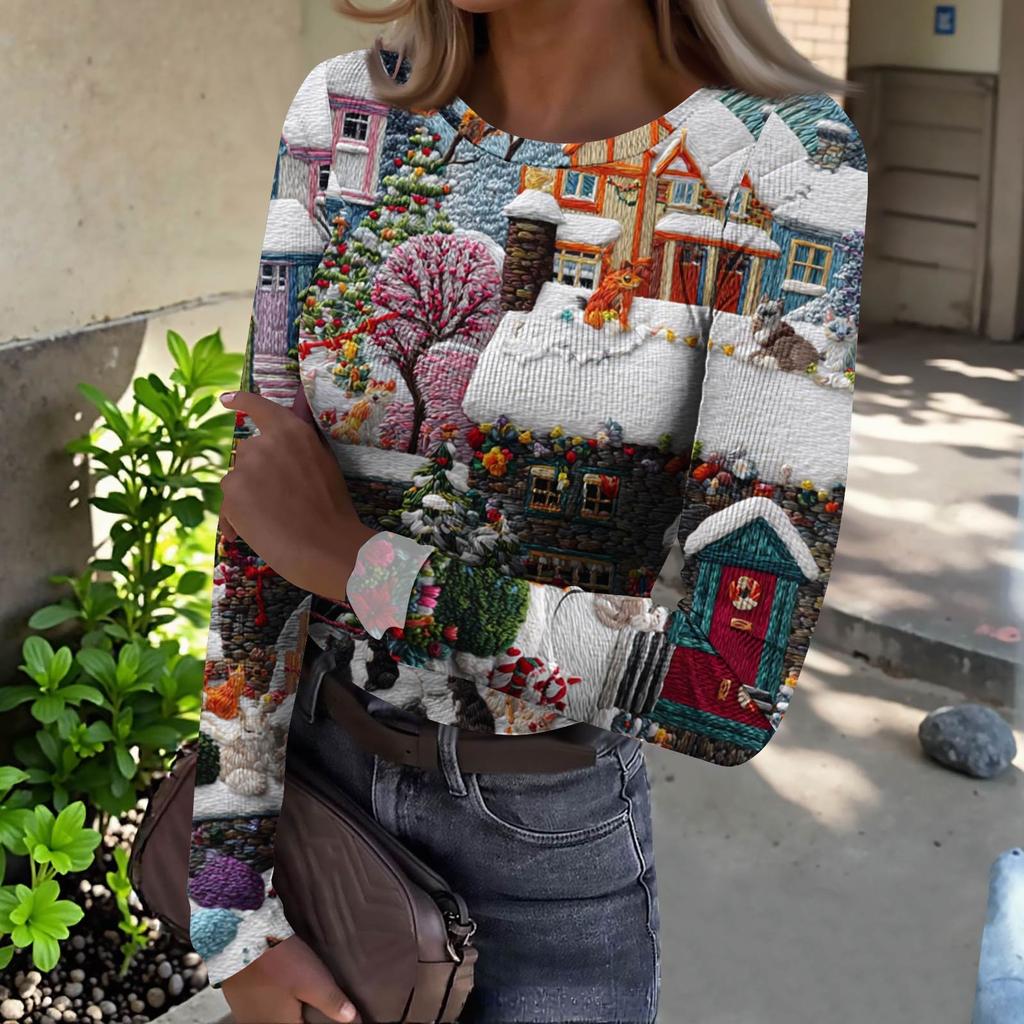 Women's  Slim Bottom T-shirt Fashion Casual Gradient Printing Round Neck Pullover Long Sleeve Top