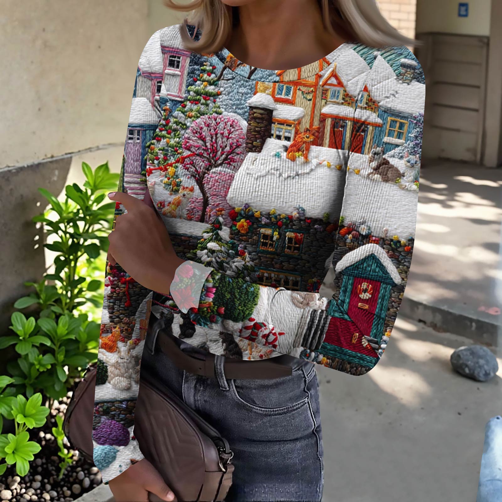 

Женская футболка с облегающим низом, модная повседневная с градиентным принтом, пуловер с круглым вырезом и длинными рукавами XXL