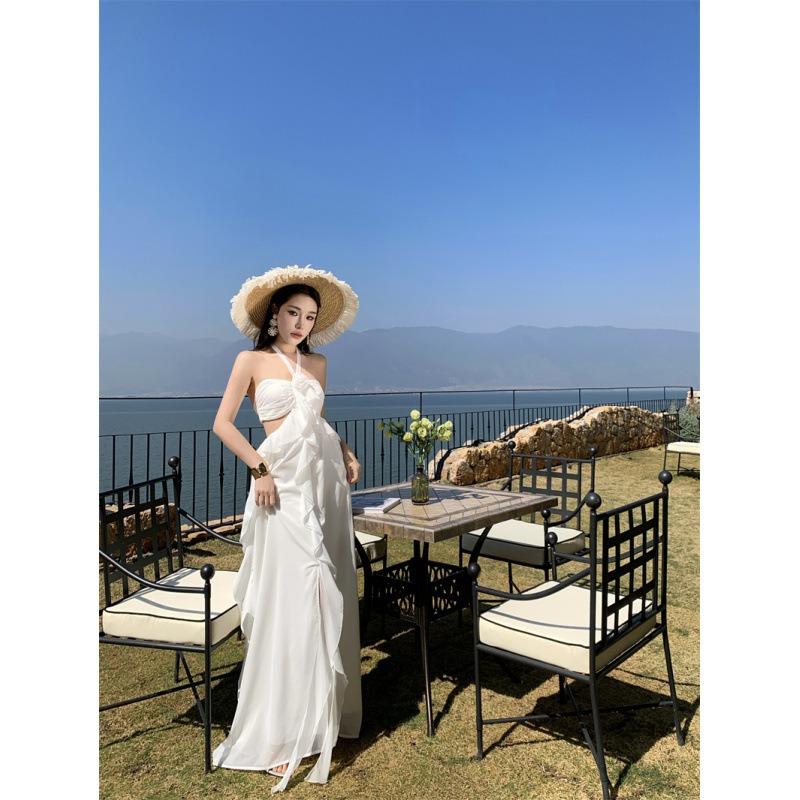 Beach Dress French Ruffle Edge Chiffon Suspender Dress Summer Sexy Waist Tube Top Holiday Dress Women