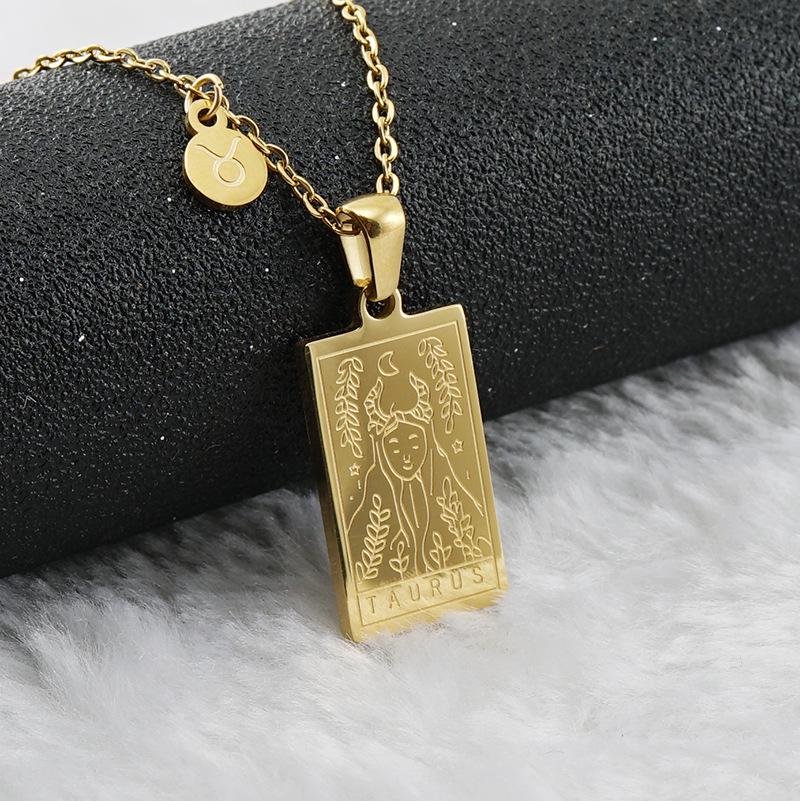 18K Gold Stainless Steel Zodiac Pendant Necklace - Square Constellation Design for Women