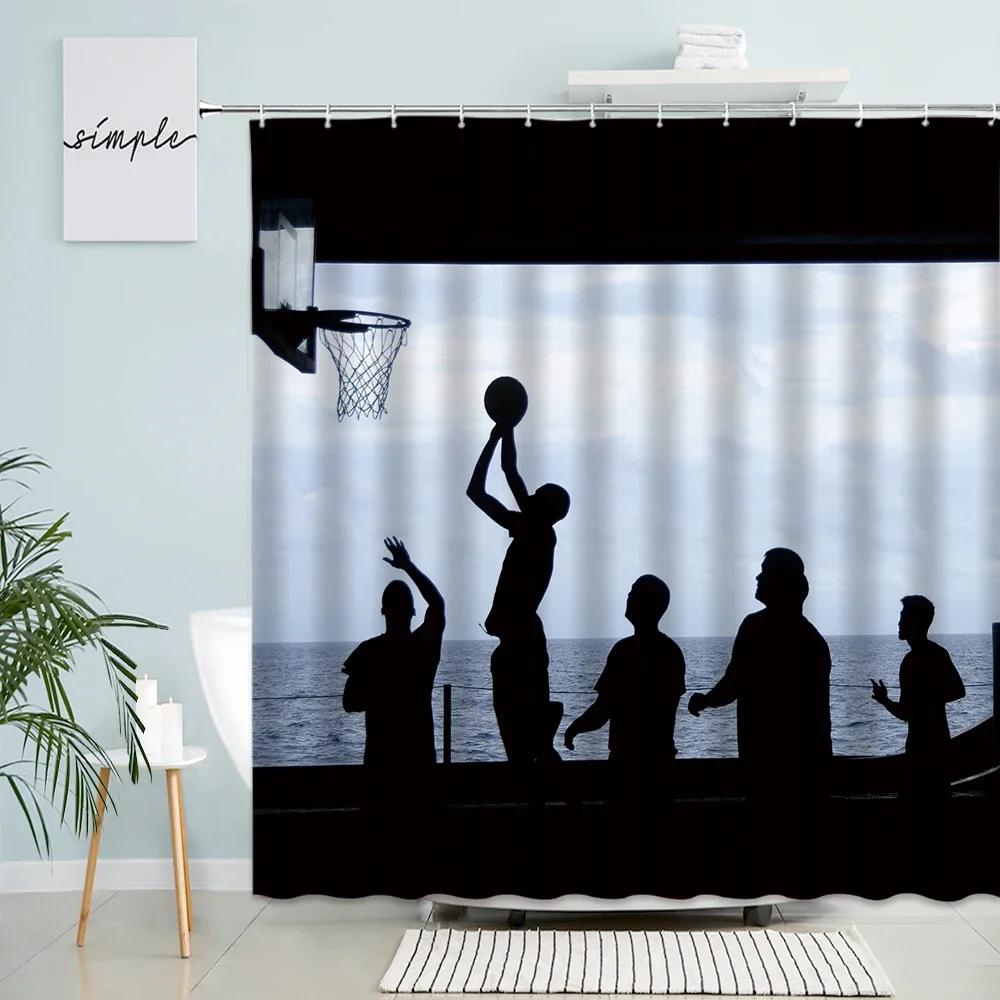 Sports Theme Shower Curtain Basketball Football Abstract Creative Pattern Bathroom Decor With Hook Waterproof Polyester Screen