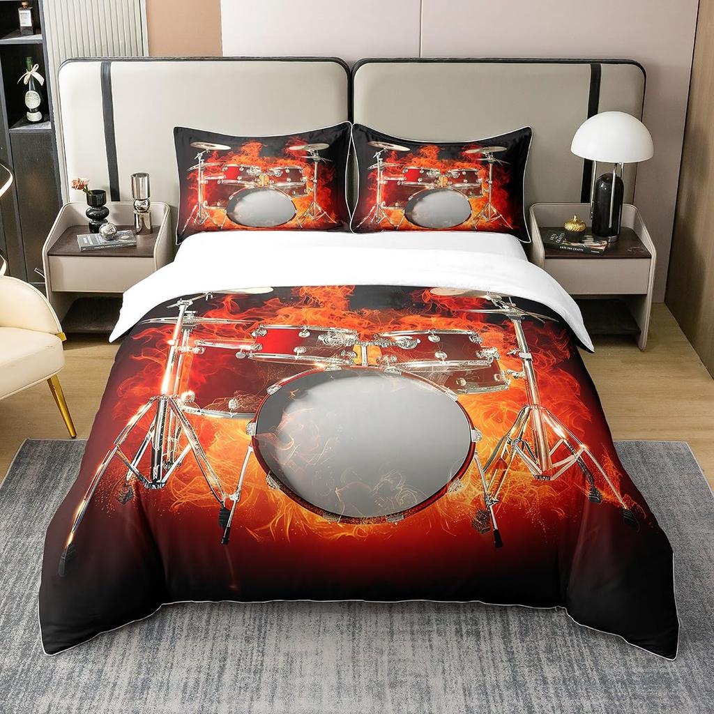 Drum Kit Duvet Cover Sets For Kids Boys Teens Queen Lightweight Quilt Covers Classical Music Bedding Set Room Decor No Comforter