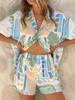 2025 European-American Casual Fashion Loose Printed Linen Shirt Set