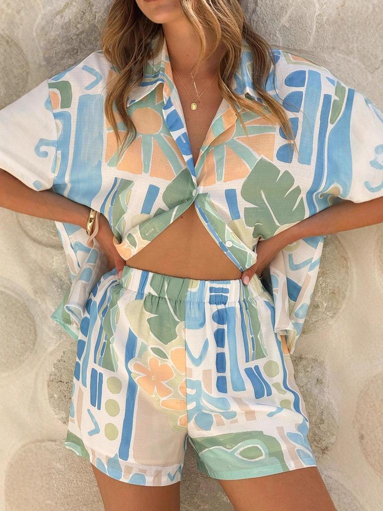 2025 European-American Casual Fashion Loose Printed Linen Shirt Set