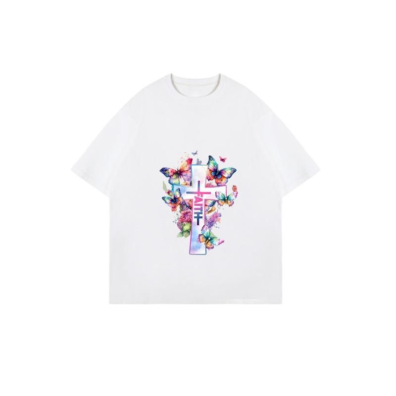 Oversized T-Shirt Black Cross With Colorful Butterflies And Chinese Characters Print Casual Streetwear For Women