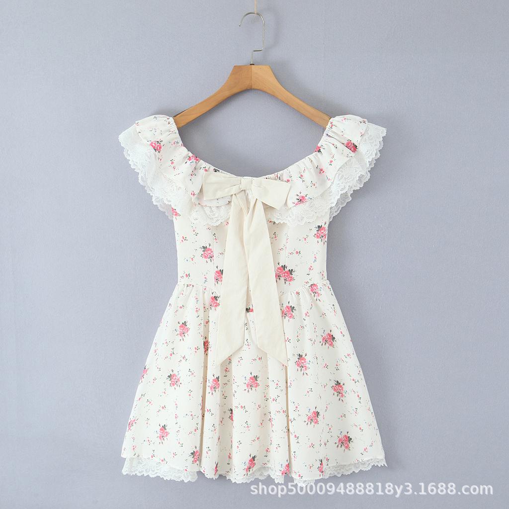 French first love princess sweet one-word shoulder bow floral lace waist dress women