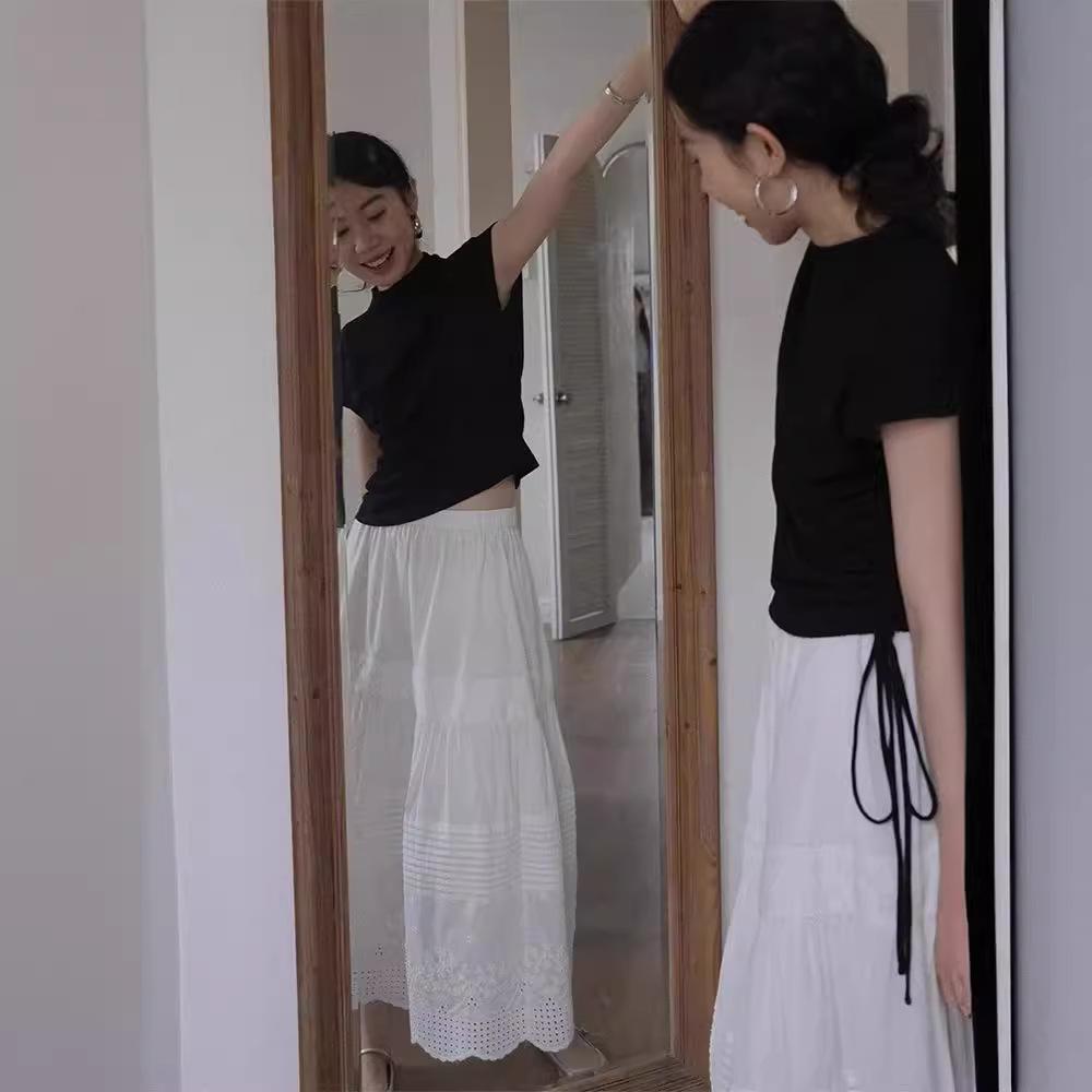 French White Lace High-waist Skirt WoMan's Summer Thin Drape Mid-length A-line Umbrella Skirt
