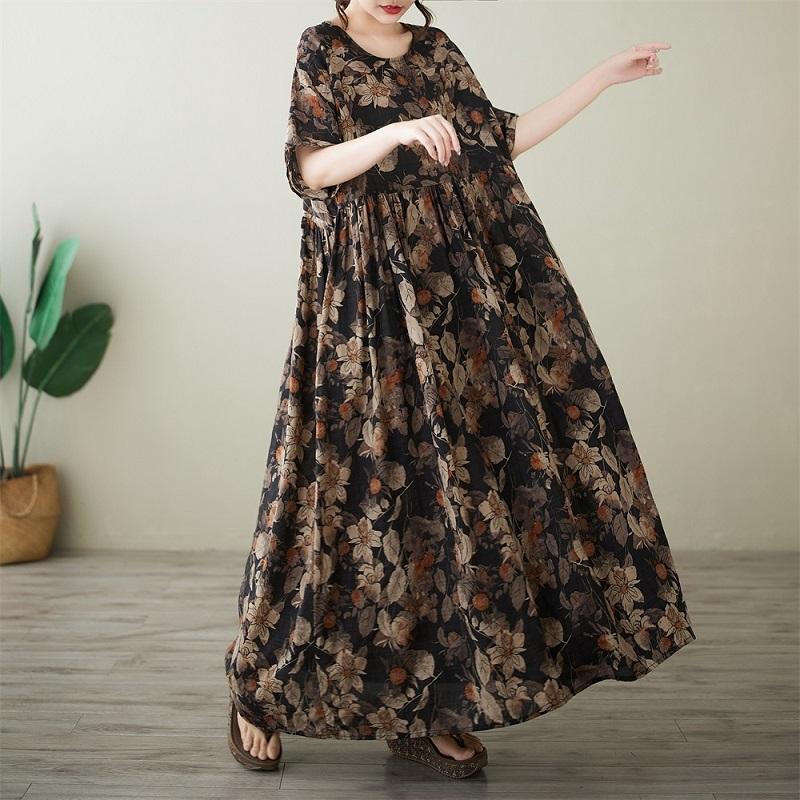 Kortärmad Plus size bomull vintage blommig ny i klänningar för kvinnor avslappnad lös lång sommarklänning