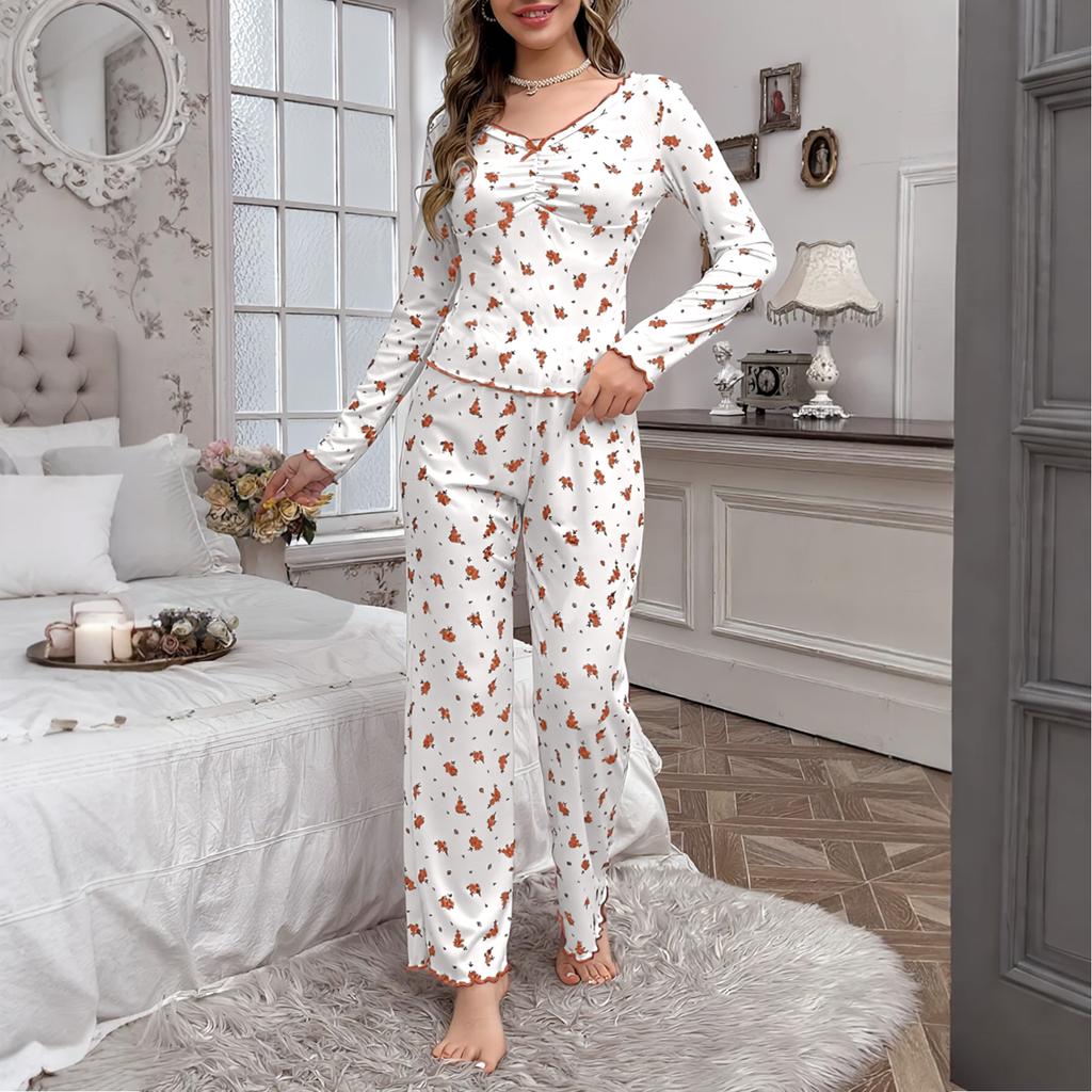 Women's Long-sleeved Pajamas And Pants Suit With Floral Print