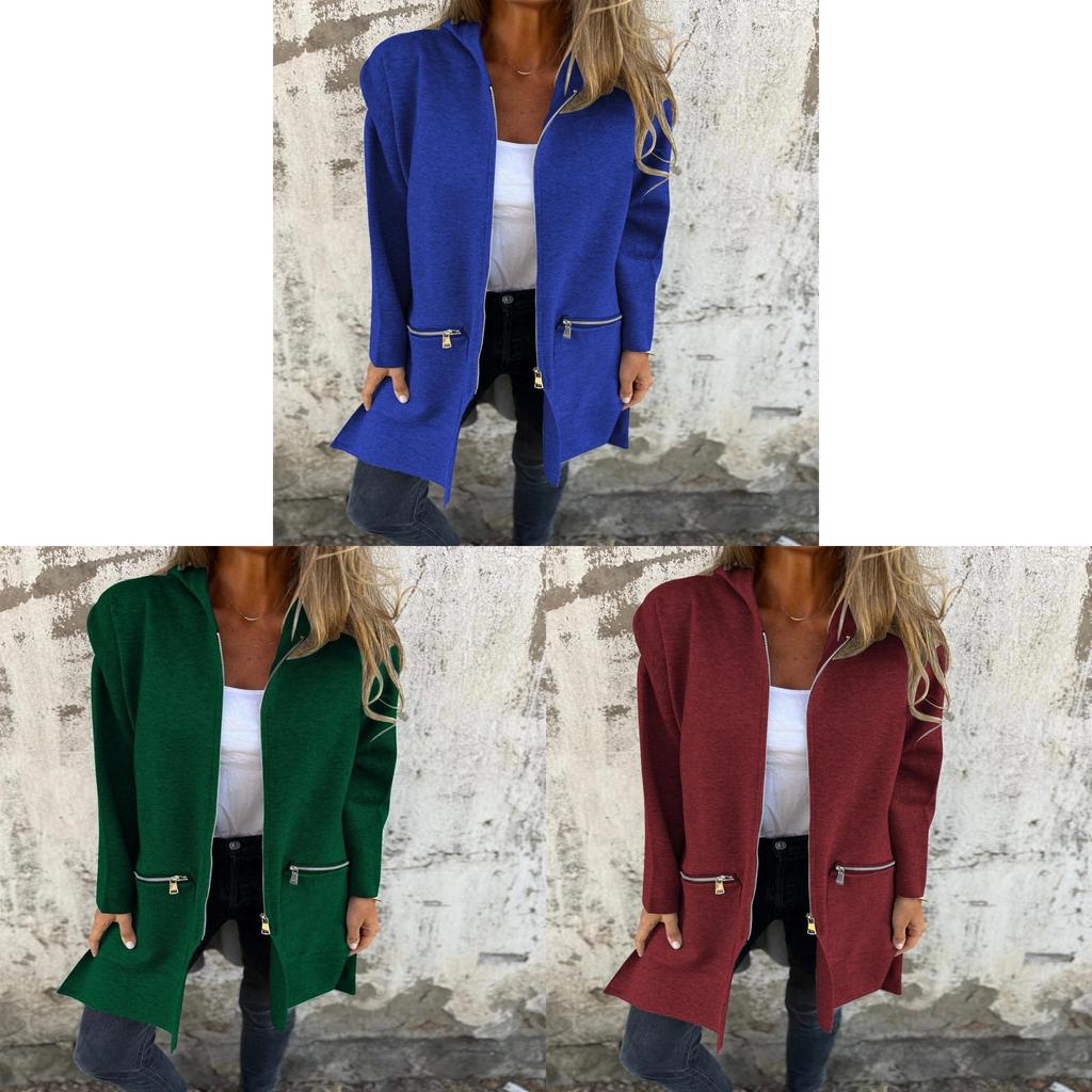Solid Color Polyester Casual Hooded Jacket For Women With Pockets