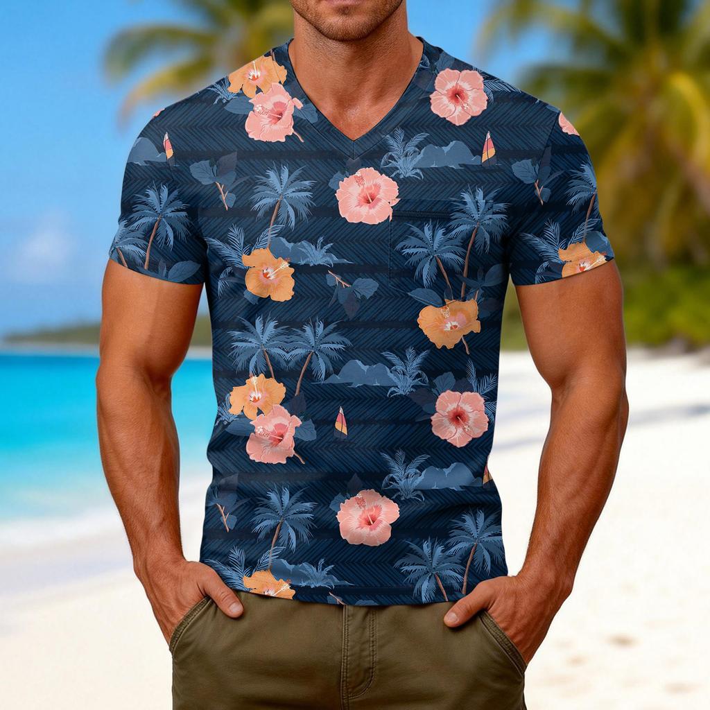 Herenmode T-shirt met V-hals en korte mouwen en print