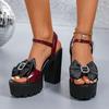 Fashion Bowtie Super High Heels Sandals for Women Shiny Crystal Chunky Platform Sandals Ankle Buckle Thick Sole Square Heeled Shoes