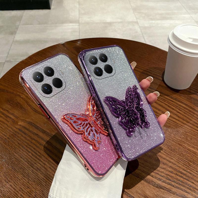 For Xiaomi 15T Pro Case with Cute Butterfly Stand Luxury Slim Gradient Clear Plating Glitter Girls for Xiaomi 15T Back Cover