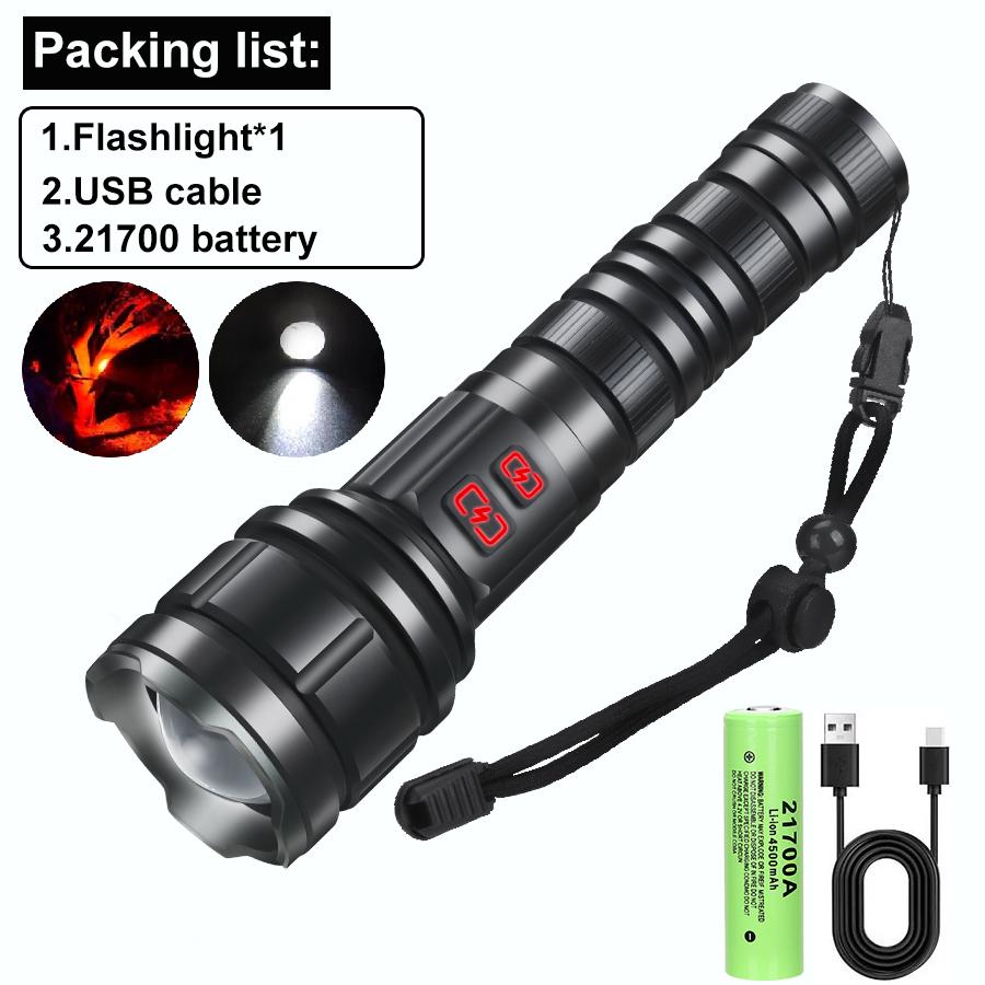 9900LM Powerul White Laser LED Flashlight 21700 Battery USB Charging Al Alloy Zoom Tactical Torch Outdoor Camping Hiking Lamp
