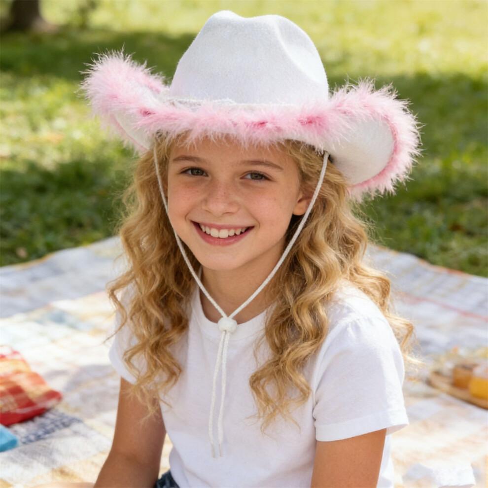 (M, White) Girls Cowgirl Hat Plush Edge Stylish Western Sun Hat with Pearl Ribbon Bow Belt Decor