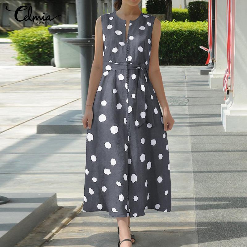 Celmia Summer Moda Donna Polka Dot Holiday Abito Lungo Senza Maniche Scollo  a V Casual Vita Con Cintura Cotone Party Casual Loose Maxi Abiti Plus Size  acquista in modo economico — spedizione