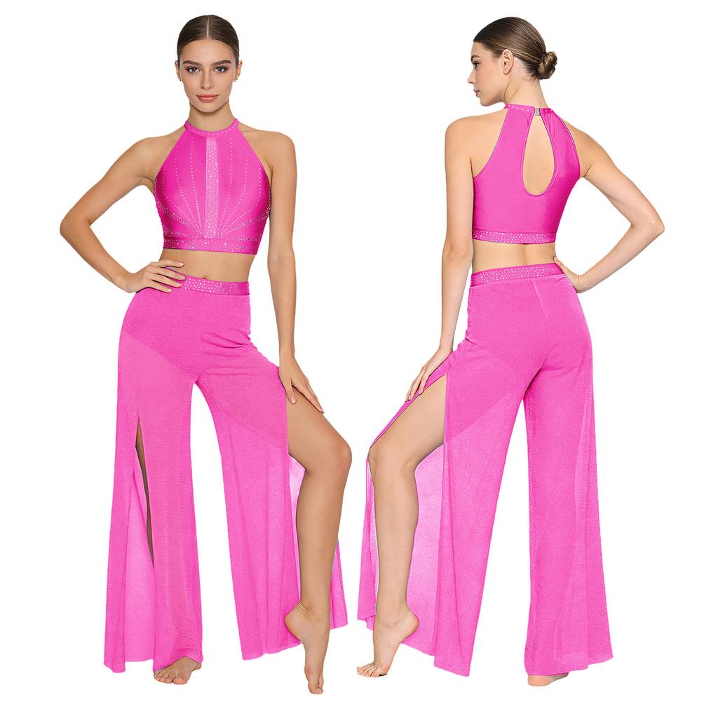 Womens Lyrical Dance Performance Outfit Sequin Hollow-out Tank Crop Top+Built-in Briefs Mesh Pants Modern Contemporary Dancewear