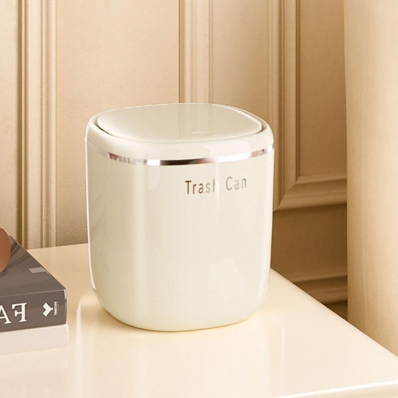 Mini Cream Flips Lid Trash Can Durable Plastic For Desk Organization In Dorm And Office With Space Saving