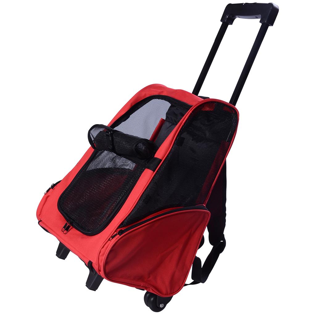 Pet Travel Backpack Bag Cat Puppy Dog Carrier W/ Trolley and Telescopic Handle Portable Stroller Wheel Luggage Bag (Red)