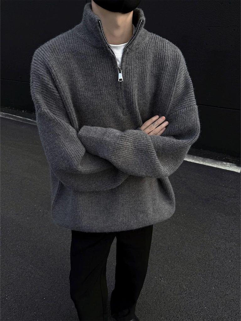 Zipper Korean Style Men's High Neck Pullover Sweater - Autumn/Winter Trendy Knitwear with Soft Texture.