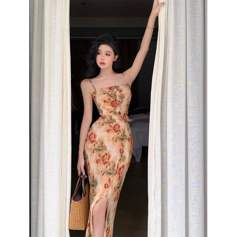 

Floral Suspender Tube Top Dress, Gentle Tea Break, High Split Fork Women s Spring New Waist and Thin Hip Skirt S