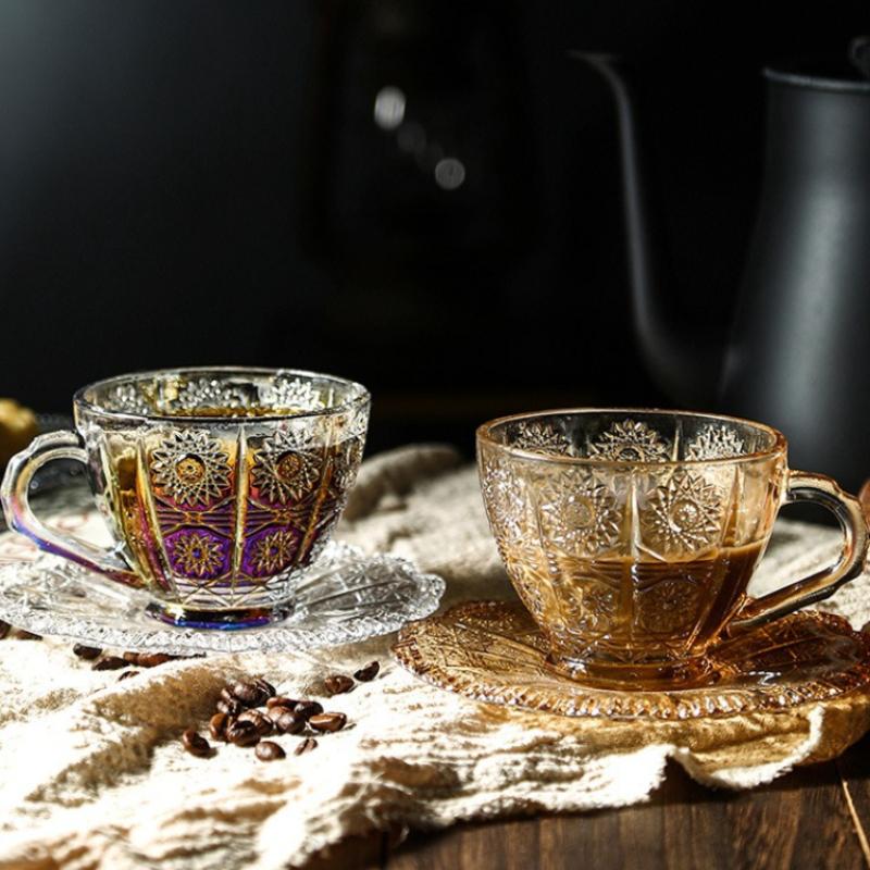 200ml Coffee Cup Set Luxury Retro Embossed Coffee Glasses Plate and Mug Household Latte Cup Glass Tea Cup Sets