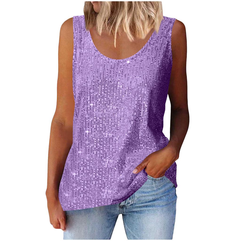 Women's Top, Commuting Sequins, Loose Fitting, Round Neck Vest, Comfortable and Casual