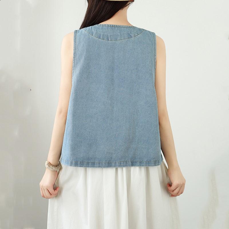 Sleevess plus size vintage embroidery floral denim vest jaket causal loose spring summer autumn women's jackets and vests