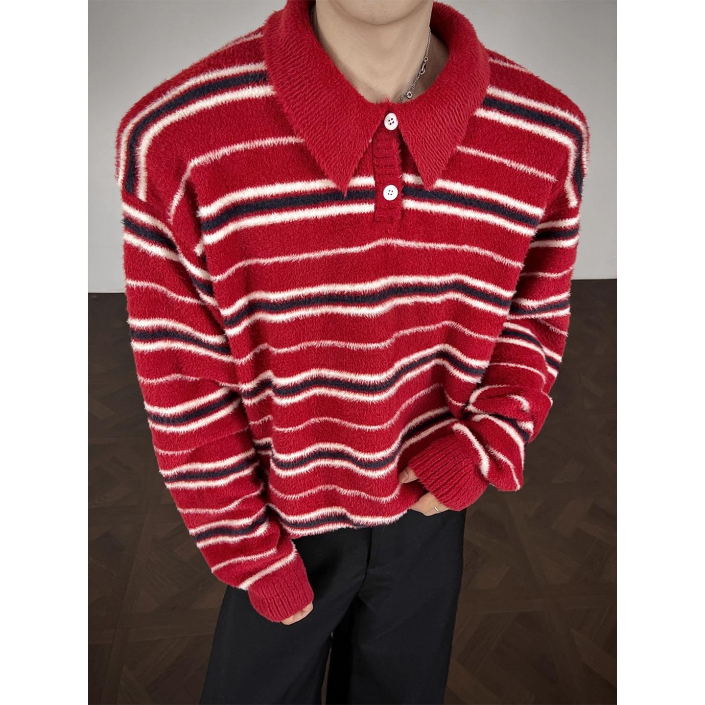 

Men s Retro Striped Polo Neck Knitwear - Plus Size, Loose Fit, Casual Autumn/Winter Sweater M червоний
