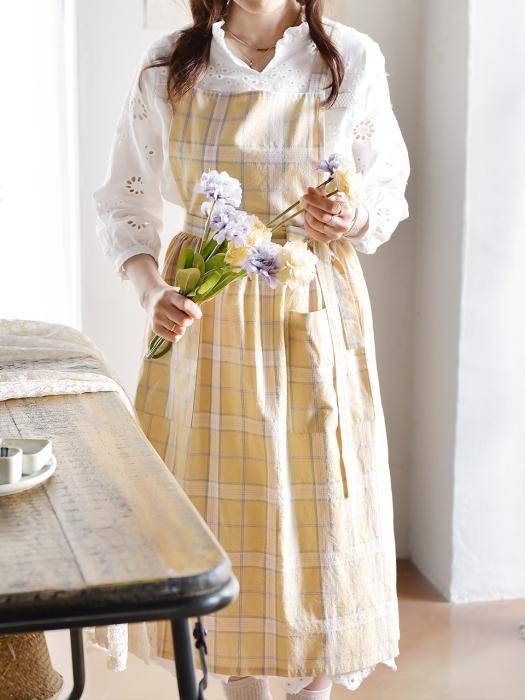 BELLELIFE Cream Yellow Check Pleated Apron single type