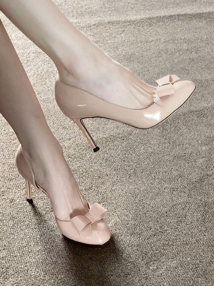 

Soft leather version~ fairy style high heels women s 2025 summer new Congyuan same bow side space stiletto shoes 40